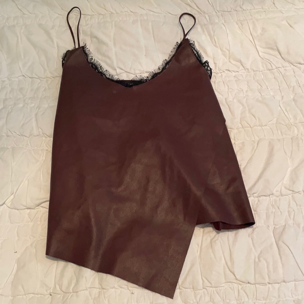 Zara Maroon Vegan Leather Lace Trim Asymmetric Top
